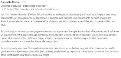 J'ai suivi plusieurs formations en dehors de l'EDAI et Simon est vraiment le meilleur intervenant que j'ai eu. Il est captivant, à l'écoute et ultra disponible. C'était un réel plaisir de suivre cette formation avec lui !