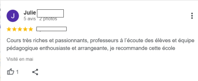 Cours très riches et passionnants, professeurs à l’écoute des élèves et équipe pédagogique enthousiaste et arrangeante, je recommande cette école