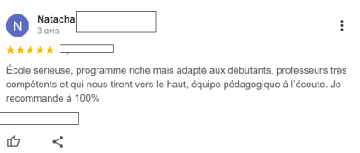 École sérieuse, programme riche mais adapté aux débutants, professeurs très compétents et qui nous tirent vers le haut, équipe pédagogique à l’écoute. Je recommande à 100%