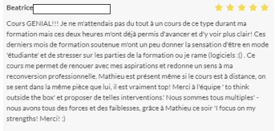 Cours GENIAL!!! Je ne m'attendais pas du tout à un cours de ce type !